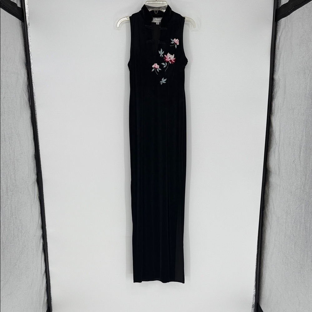 Vintage Papell Boutique Evening Black Embroidered Maxi Dress Side Slit Size 4P
